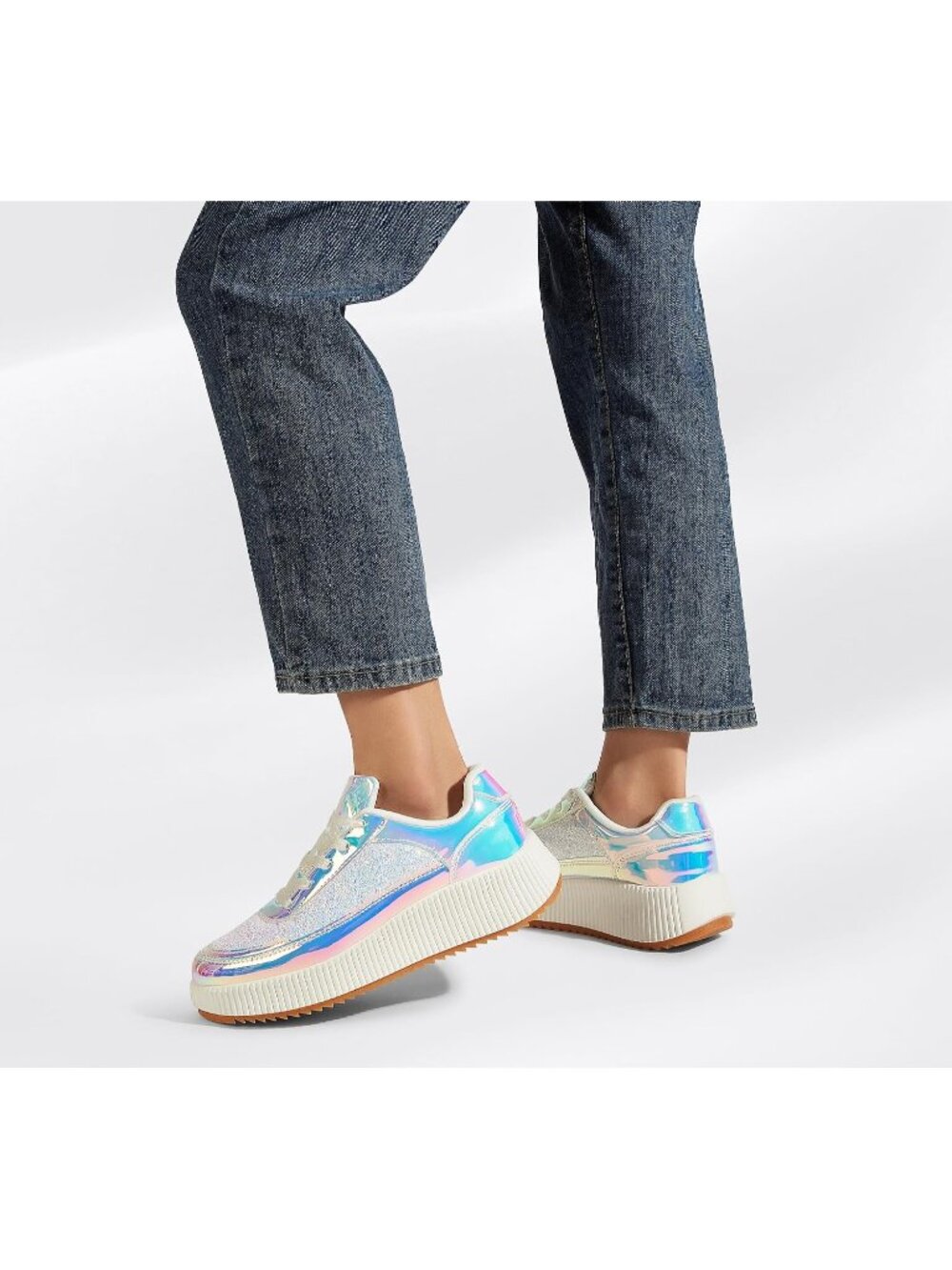 Women's White Glitter 2 Knit Lace Up Tennis Cute Retro Woven Platform Sneakers - Picture 7 of 7